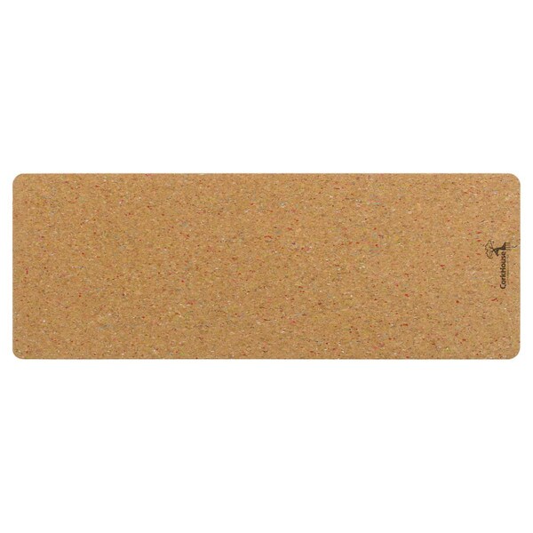 Cork yoga mat with colorful flecks in the natural cork top and a corkhouse logo at the bottom of the mat.
